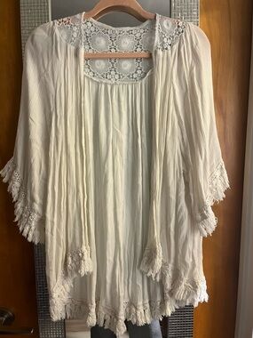 Boho Crochet Trim Open Kimono